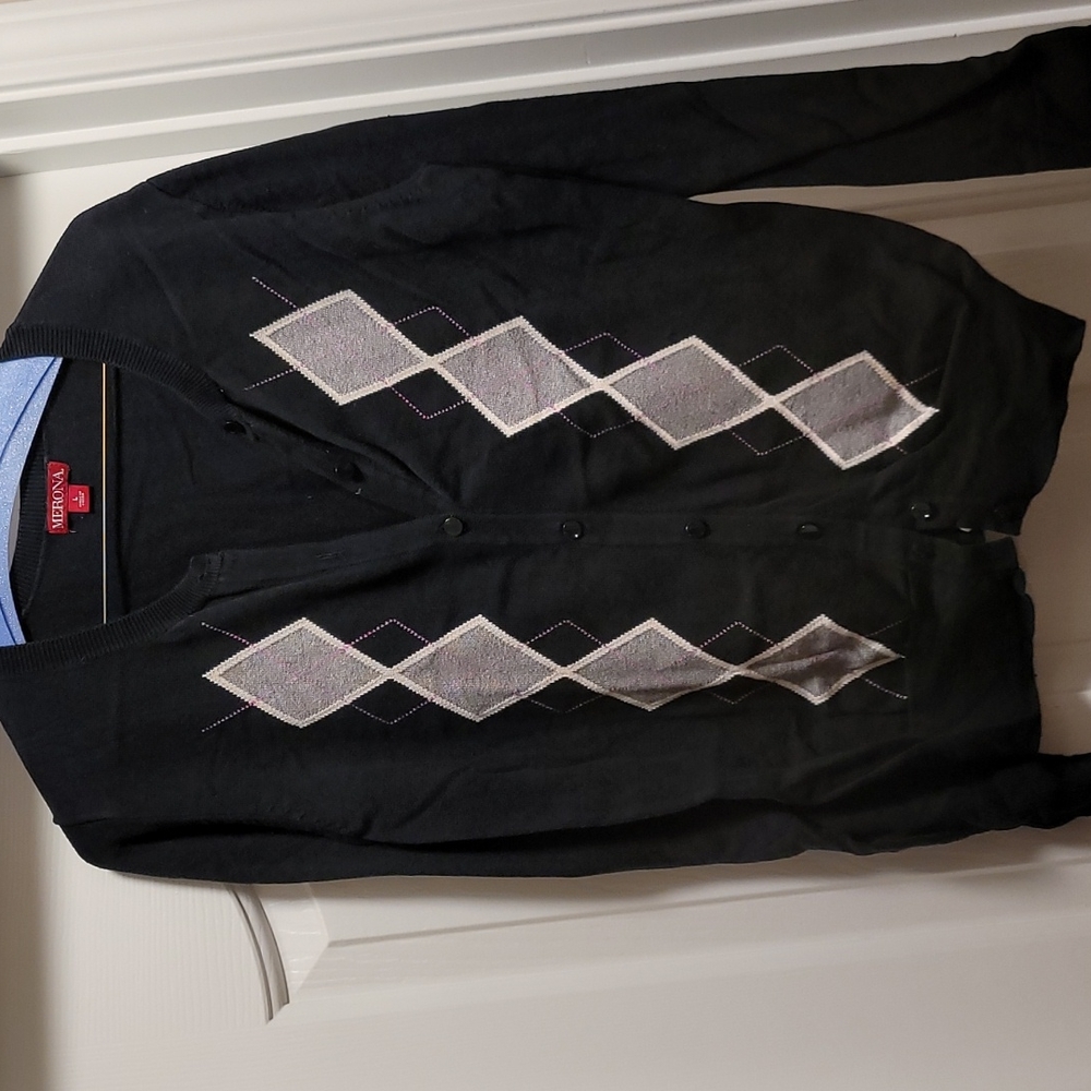 Merona Large Black Argyle Cardigan